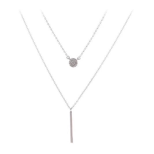 S925 Silver Double Chain Necklace – Long Stick Micro Pave Zircon Pendant for Women CJ
