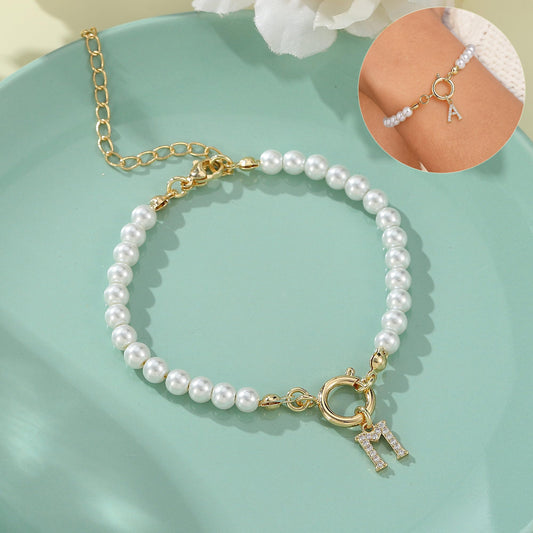 Toggle Clasp Initial Bracelet – A-Z Letter Pendant Pearl Bracelet for Women CJ