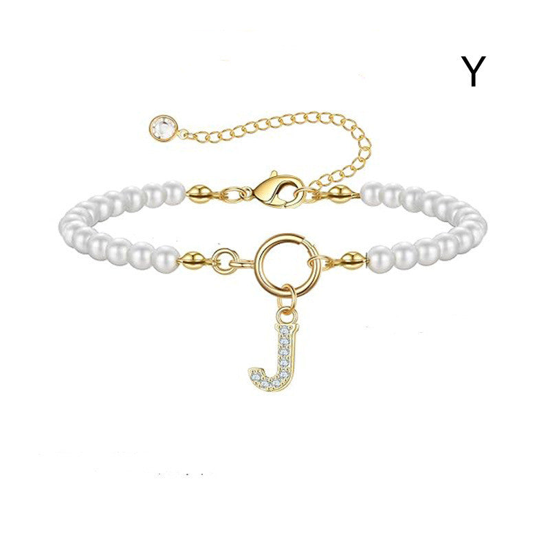 Toggle Clasp Initial Bracelet – A-Z Letter Pendant Pearl Bracelet for Women CJ