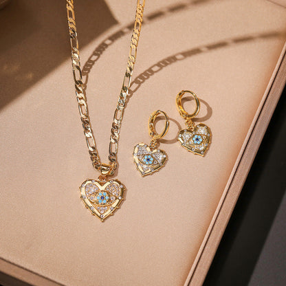 Fashion Jewelry Personality Copper Plated Real Gold Heart-shaped Zircon Pendant Necklace & Earrings Set CJ