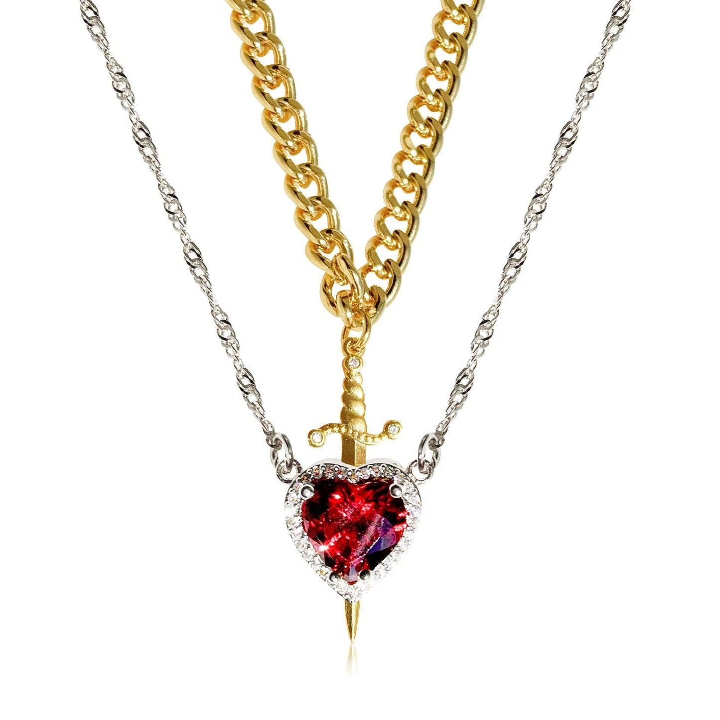 Heart & Sword Necklace Set – Gold Stainless Steel Crystal Couple Jewelry CJ