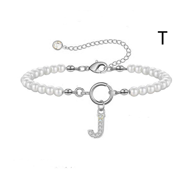 Toggle Clasp Initial Bracelet – A-Z Letter Pendant Pearl Bracelet for Women CJ