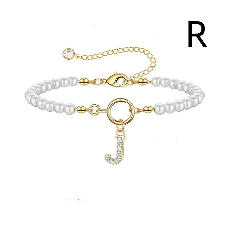 Toggle Clasp Initial Bracelet – A-Z Letter Pendant Pearl Bracelet for Women CJ