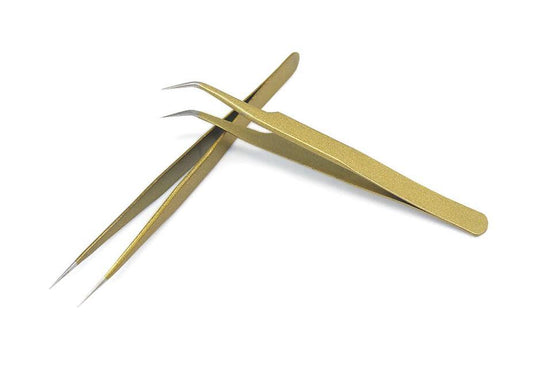 Professional Stainless Steel Curved & Straight Tweezers – Gold Eyelash Extension Tools
