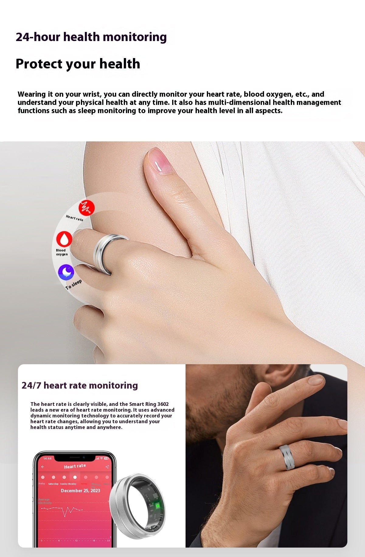 Smart Ring – Heart Rate & Blood Oxygen Monitor, Multi-Sport Modes, IP68 Waterproof for Android & iOS CJ