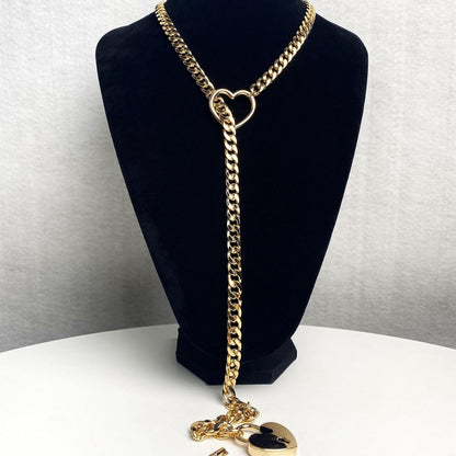 2025 Fashion Slip Chain Necklace – Heart O-Ring Cuban Long Necklace with Adjustable Heart Lock & Key CJ