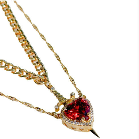 Heart & Sword Necklace Set – Gold Stainless Steel Crystal Couple Jewelry CJ
