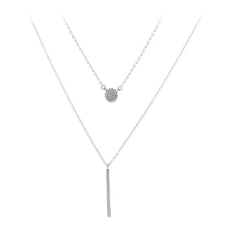 S925 Silver Double Chain Necklace – Long Stick Micro Pave Zircon Pendant for Women CJ