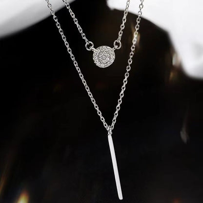 S925 Silver Double Chain Necklace – Long Stick Micro Pave Zircon Pendant for Women CJ