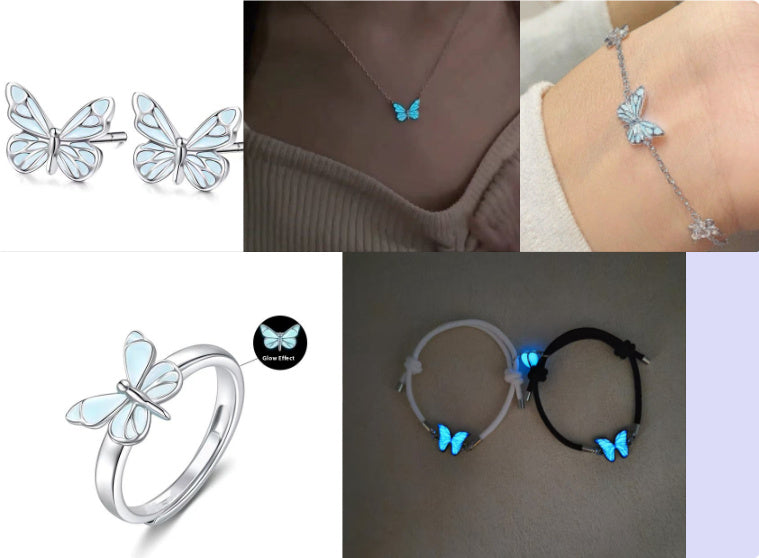 Blue Luminous Butterfly Necklace & Bracelet Set – Glow-in-the-Dark Party Jewelry CJ