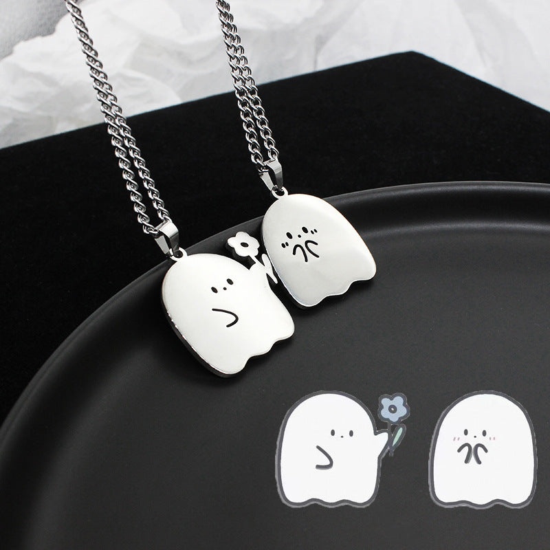 Stainless Steel Cute Ghost & Cat Couple Necklace – Kawaii Lovers Friendship Jewelry CJ