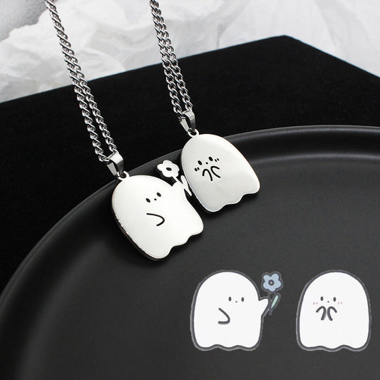 Stainless Steel Cute Ghost & Cat Couple Necklace – Kawaii Lovers Friendship Jewelry CJ