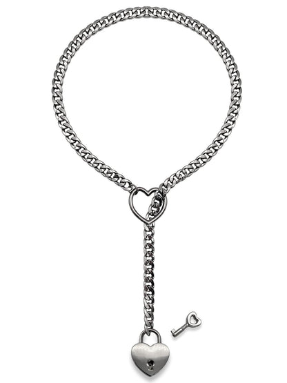 2025 Fashion Slip Chain Necklace – Heart O-Ring Cuban Long Necklace with Adjustable Heart Lock & Key CJ