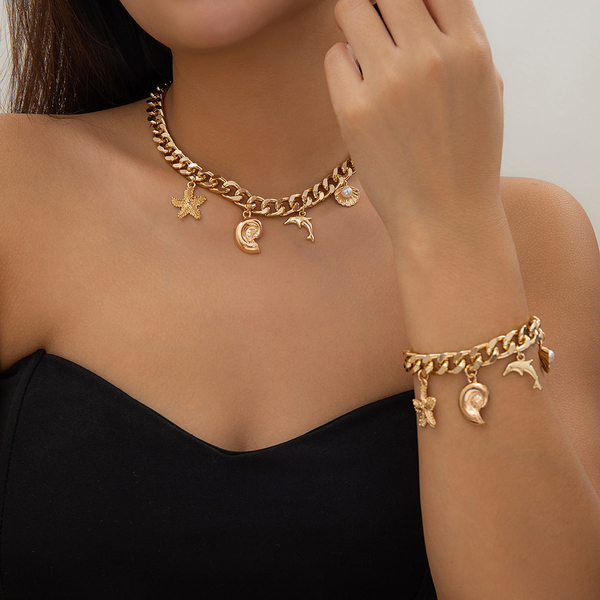 Boho Conch Dolphin Starfish Pendant Choker & Bracelet Set – Vintage Tassel Chain Jewelry CJ