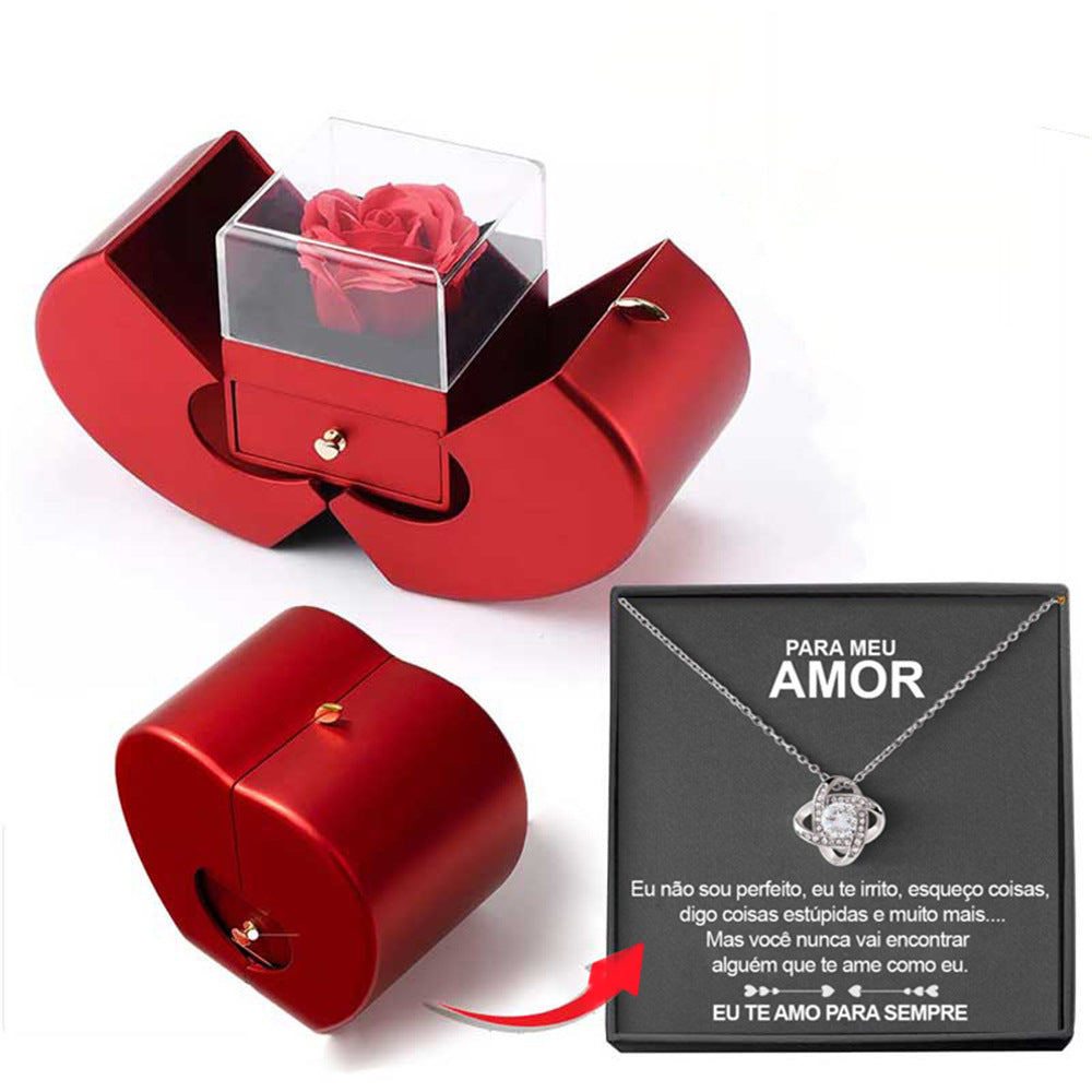 Red Apple Jewelry Box with Eternal Rose & Necklace – Fashion Gift for Girls, Mother's Day & Valentine's Day CJ