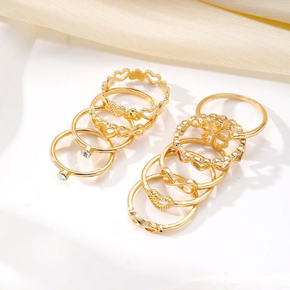 9pcs Gold Heart & Butterfly Ring Set – Vintage Hollow Geometric Fashion Jewelry for Women CJ