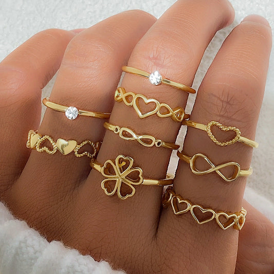 9pcs Gold Heart & Butterfly Ring Set – Vintage Hollow Geometric Fashion Jewelry for Women CJ