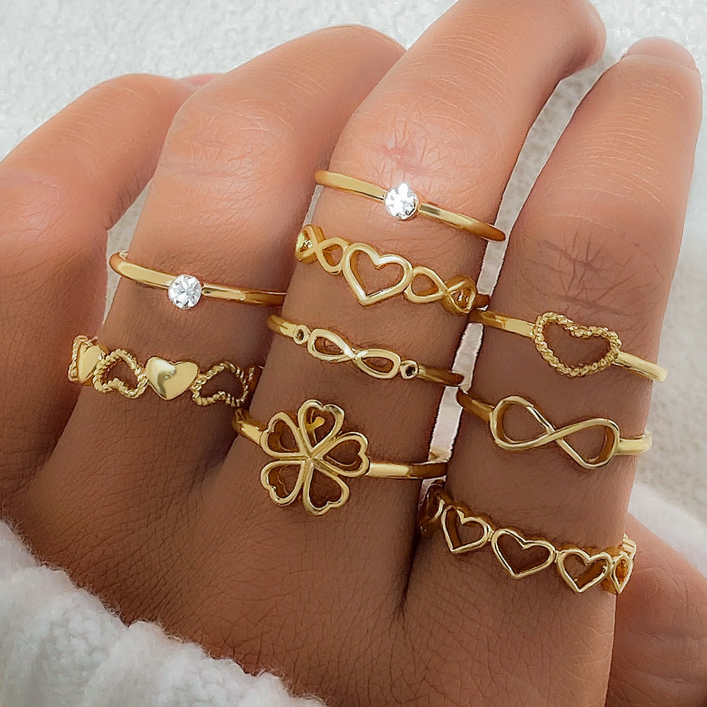 9pcs Gold Heart & Butterfly Ring Set – Vintage Hollow Geometric Fashion Jewelry for Women CJ