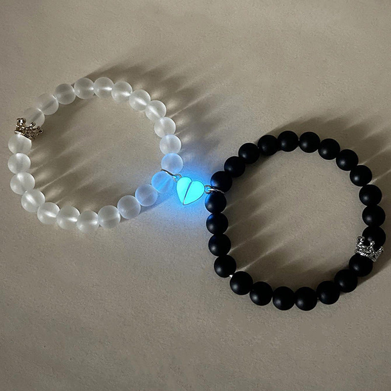 2PCS Handmade Crown Beaded Couple Bracelets – Luminous Glow-in-the-Dark Heart Jewelry Gift for Men & Women CJ