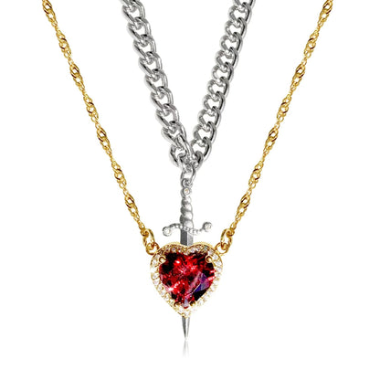 Heart & Sword Necklace Set – Gold Stainless Steel Crystal Couple Jewelry CJ