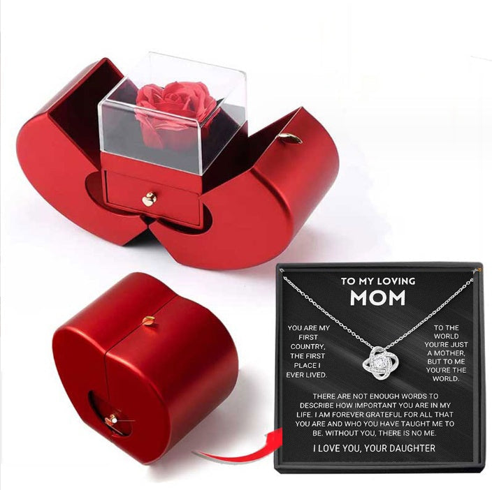 Red Apple Jewelry Box with Eternal Rose & Necklace – Fashion Gift for Girls, Mother's Day & Valentine's Day CJ
