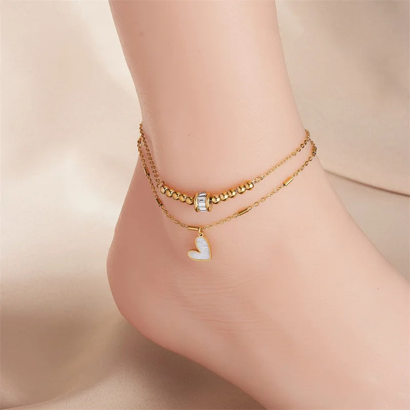 Boho Classic Love Heart Anklet – Double Layer Tassel Chain Bracelet for Women CJ
