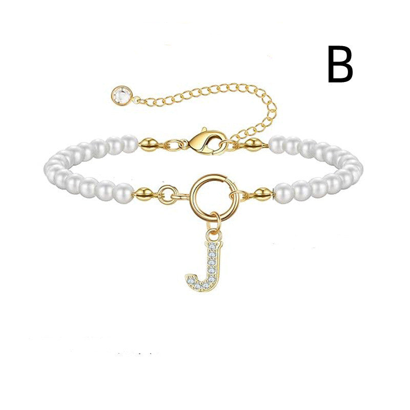 Toggle Clasp Initial Bracelet – A-Z Letter Pendant Pearl Bracelet for Women CJ