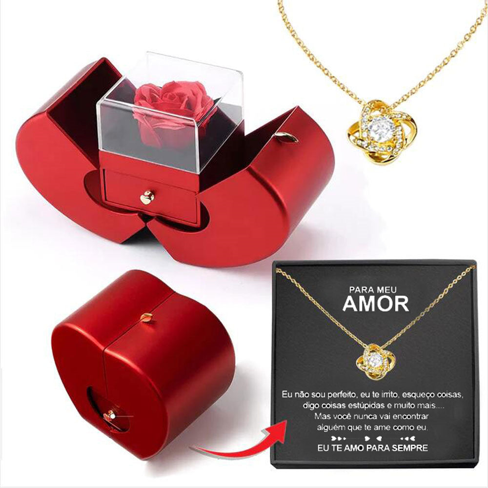 Red Apple Jewelry Box with Eternal Rose & Necklace – Fashion Gift for Girls, Mother's Day & Valentine's Day CJ