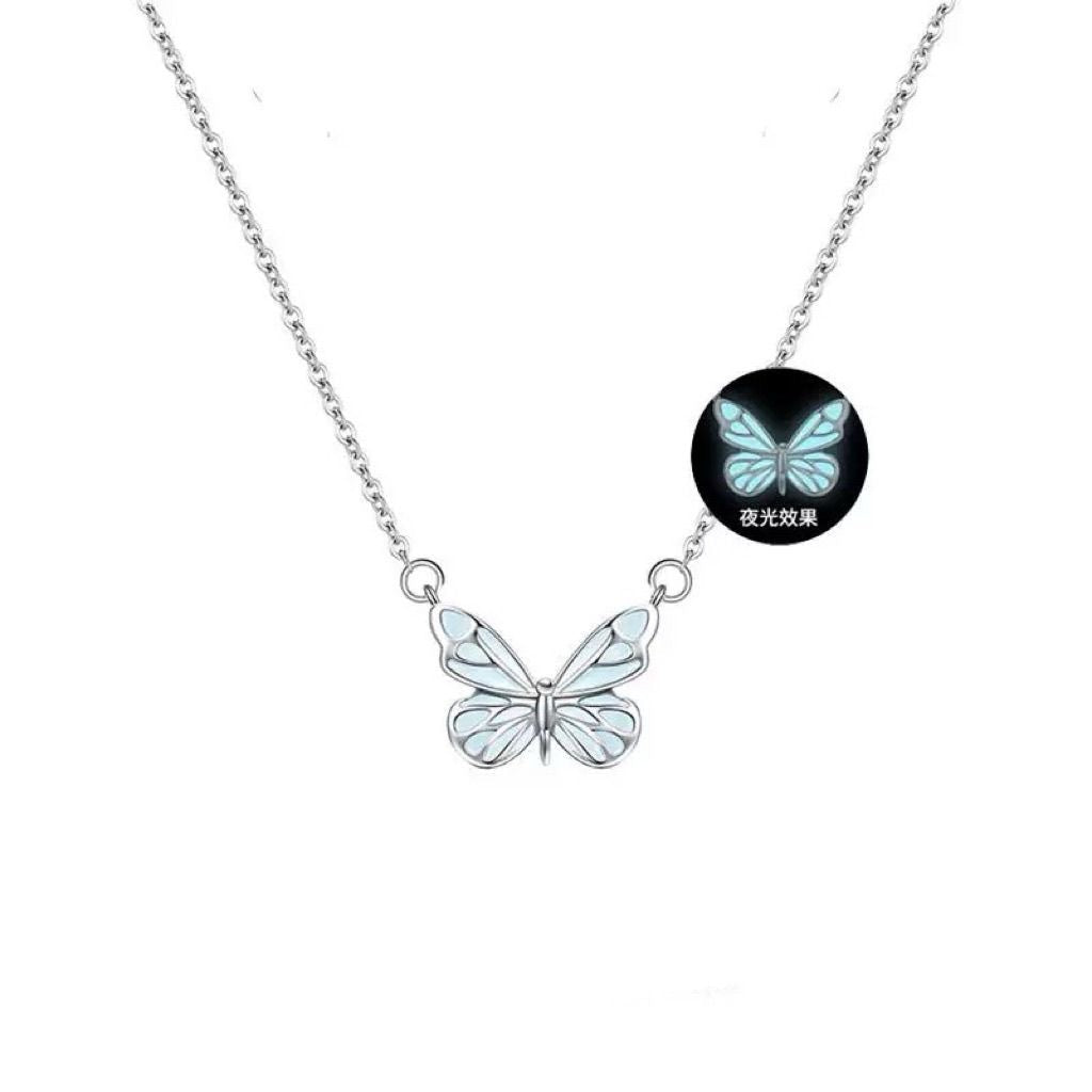 Blue Luminous Butterfly Necklace & Bracelet Set – Glow-in-the-Dark Party Jewelry CJ
