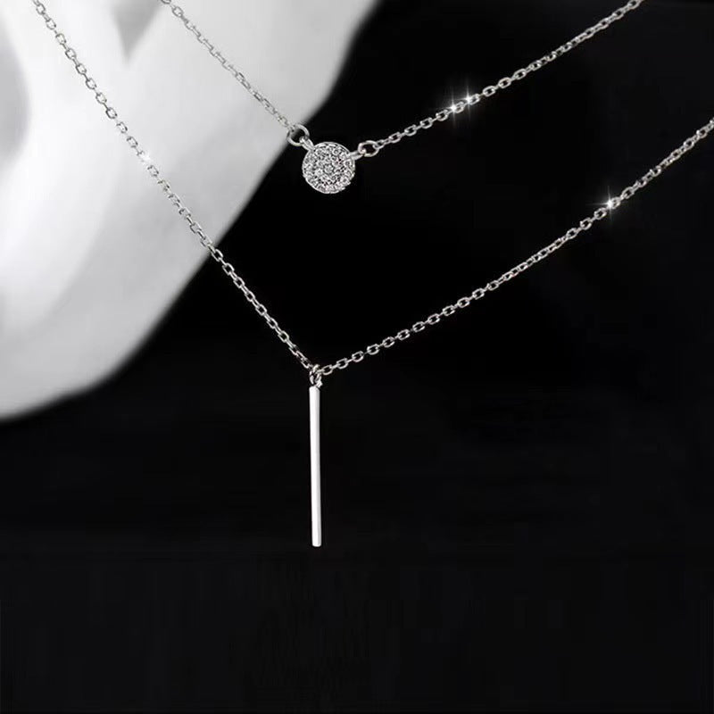 S925 Silver Double Chain Necklace – Long Stick Micro Pave Zircon Pendant for Women CJ