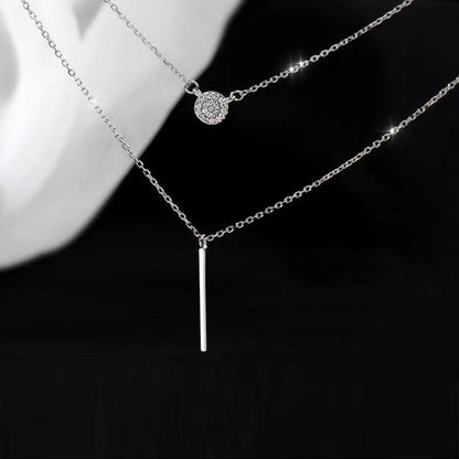 S925 Silver Double Chain Necklace – Long Stick Micro Pave Zircon Pendant for Women CJ
