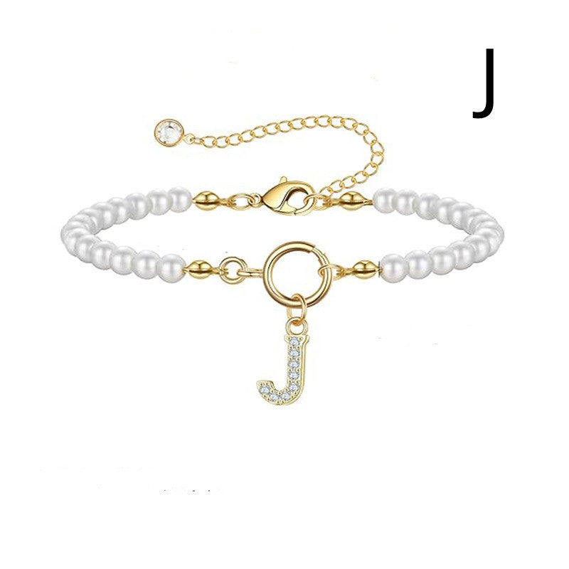 Toggle Clasp Initial Bracelet – A-Z Letter Pendant Pearl Bracelet for Women CJ