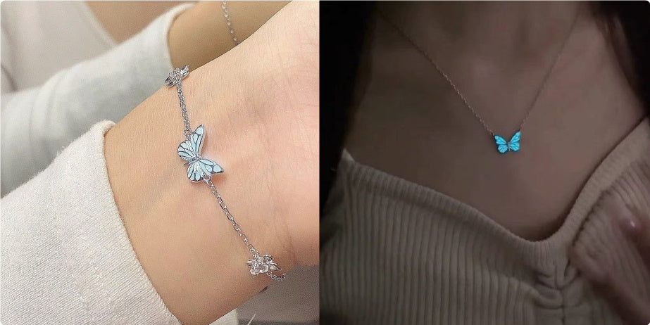 Blue Luminous Butterfly Necklace & Bracelet Set – Glow-in-the-Dark Party Jewelry CJ