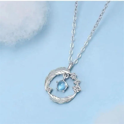 925 Silver-Plated Feather Pendant Necklace – Moonstone Bead Choker Jewelry Gift CJ