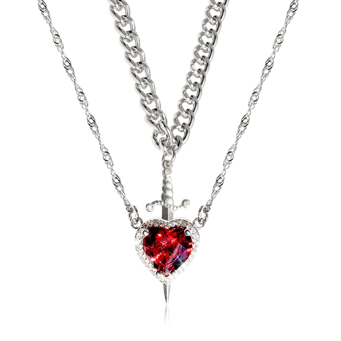 Heart & Sword Necklace Set – Gold Stainless Steel Crystal Couple Jewelry CJ