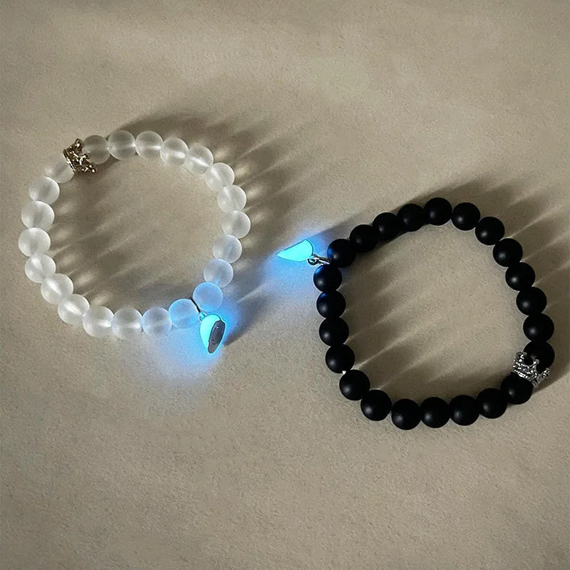 2PCS Handmade Crown Beaded Couple Bracelets – Luminous Glow-in-the-Dark Heart Jewelry Gift for Men & Women CJ