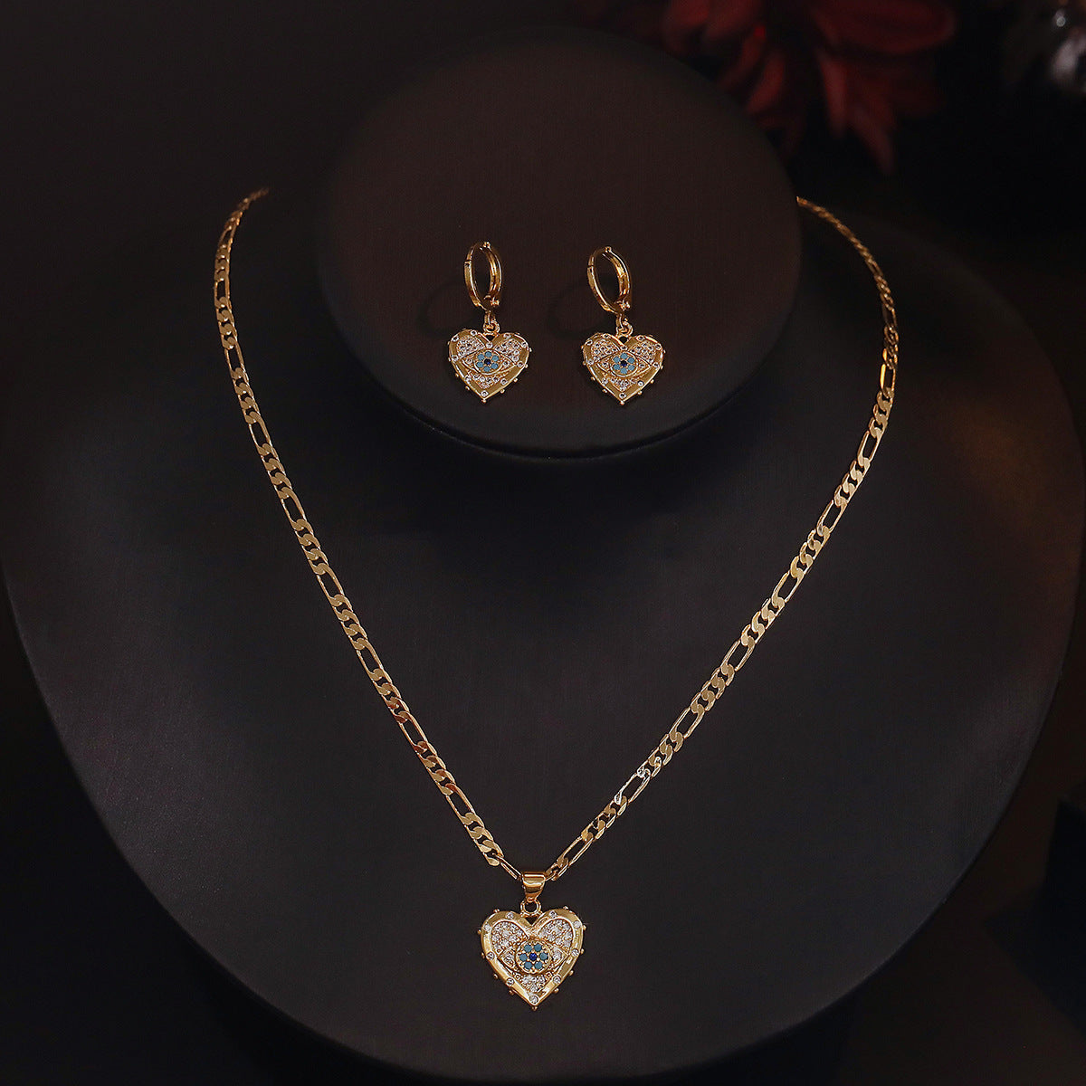 Fashion Jewelry Personality Copper Plated Real Gold Heart-shaped Zircon Pendant Necklace & Earrings Set CJ
