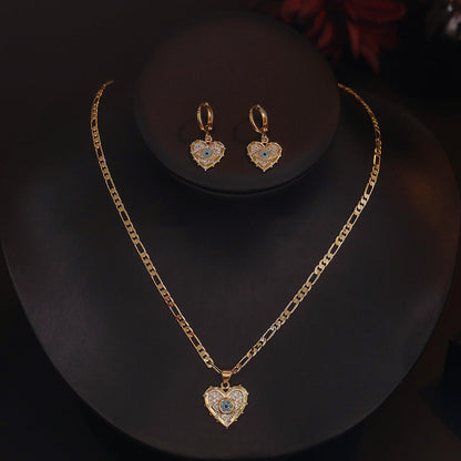 Fashion Jewelry Personality Copper Plated Real Gold Heart-shaped Zircon Pendant Necklace & Earrings Set CJ