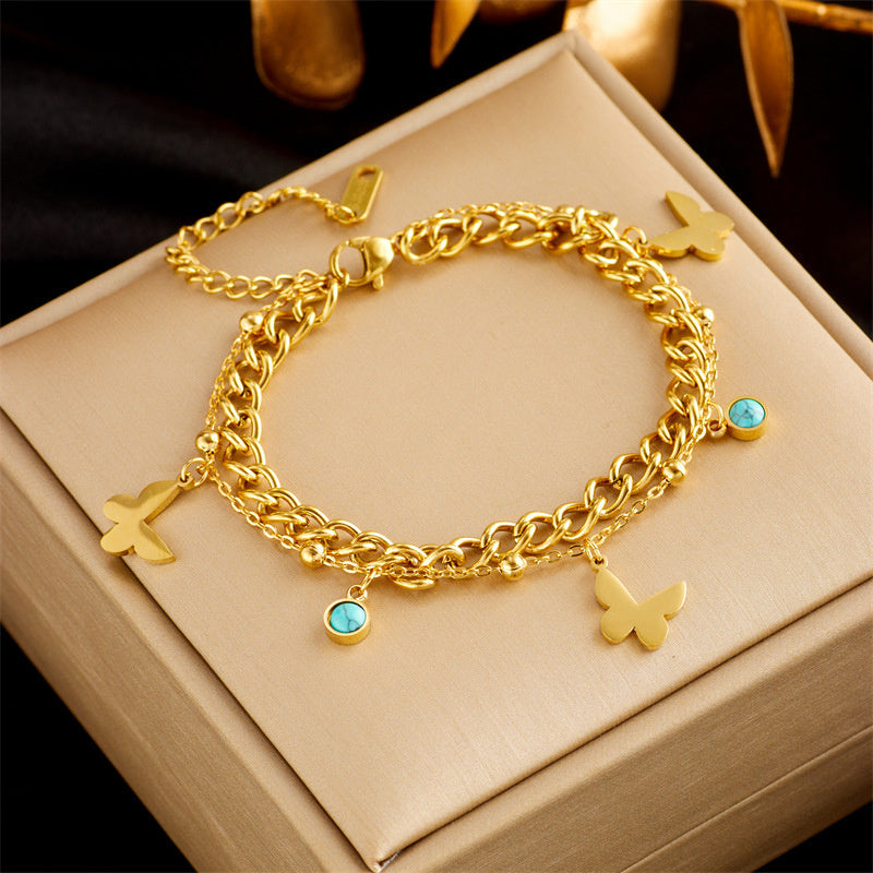 Stainless Steel Gold-Plated Double Layer Bracelet – Punk Fashion Snake Chain Jewelry for Women CJ