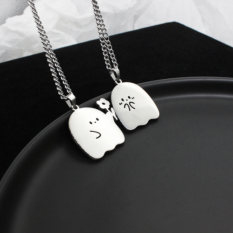 Stainless Steel Cute Ghost & Cat Couple Necklace – Kawaii Lovers Friendship Jewelry CJ