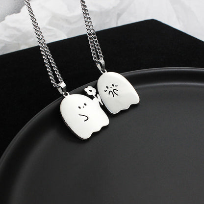 Stainless Steel Cute Ghost & Cat Couple Necklace – Kawaii Lovers Friendship Jewelry CJ