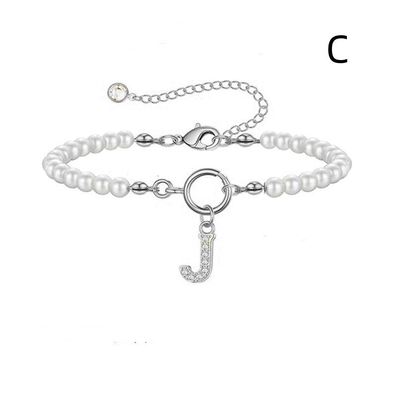 Toggle Clasp Initial Bracelet – A-Z Letter Pendant Pearl Bracelet for Women CJ