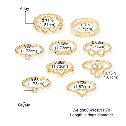 9pcs Gold Heart & Butterfly Ring Set – Vintage Hollow Geometric Fashion Jewelry for Women CJ