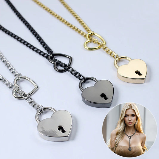 2025 Fashion Slip Chain Necklace – Heart O-Ring Cuban Long Necklace with Adjustable Heart Lock & Key CJ