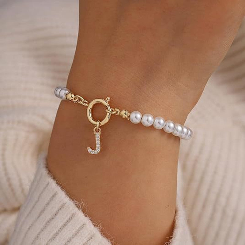 Toggle Clasp Initial Bracelet – A-Z Letter Pendant Pearl Bracelet for Women CJ
