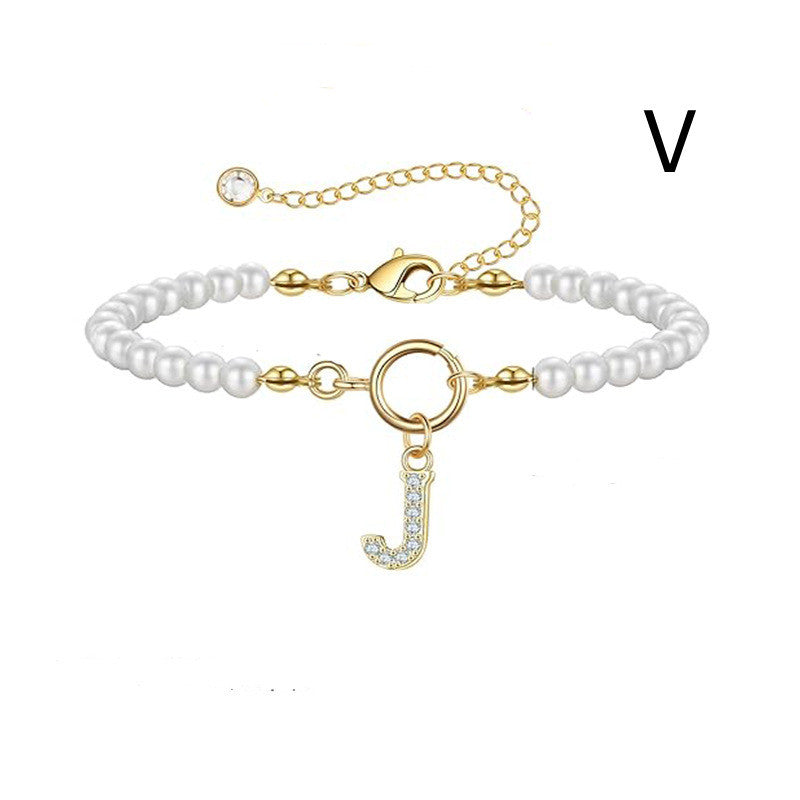 Toggle Clasp Initial Bracelet – A-Z Letter Pendant Pearl Bracelet for Women CJ