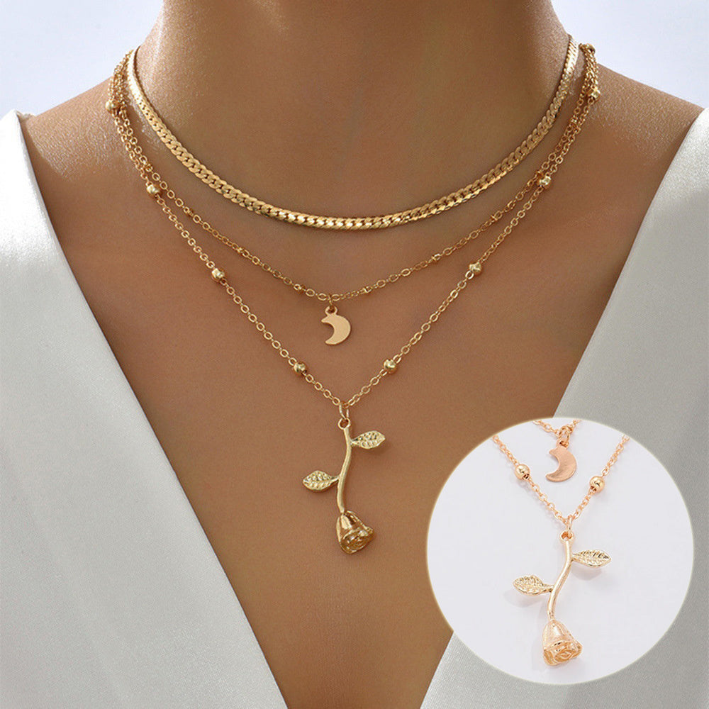 Bohemia Multilayer Moon & Rose Flower Pendant Necklace – Gold Color Choker for Women, 2025 Fashion Jewelry, Party & Valentine’s Day Gift CJ