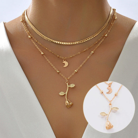 Bohemia Multilayer Moon & Rose Flower Pendant Necklace – Gold Color Choker for Women, 2025 Fashion Jewelry, Party & Valentine’s Day Gift CJ