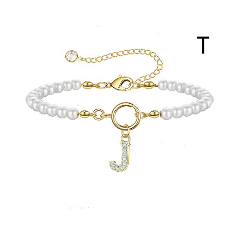 Toggle Clasp Initial Bracelet – A-Z Letter Pendant Pearl Bracelet for Women CJ