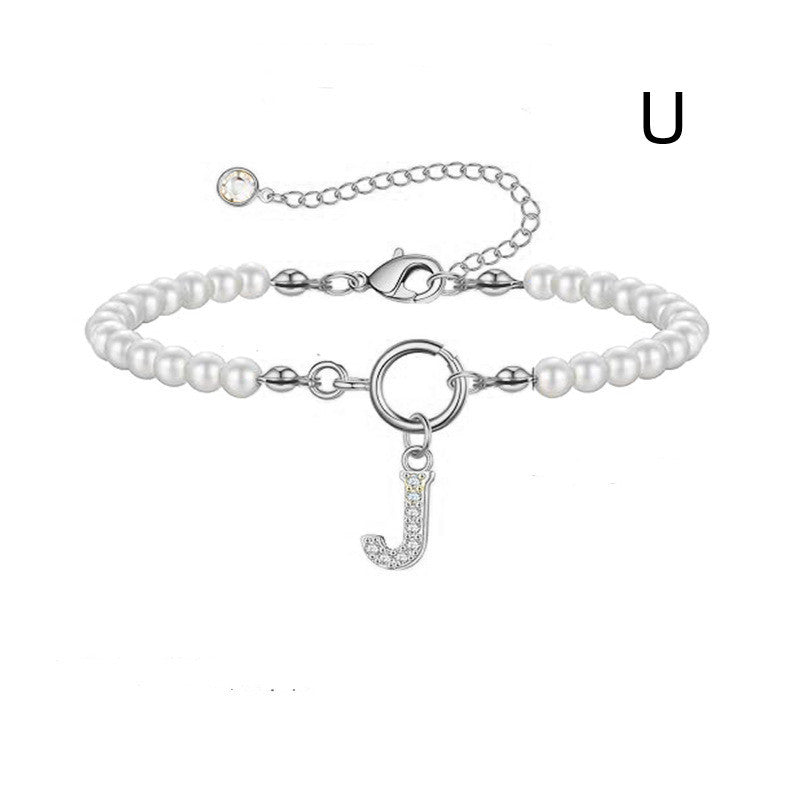 Toggle Clasp Initial Bracelet – A-Z Letter Pendant Pearl Bracelet for Women CJ